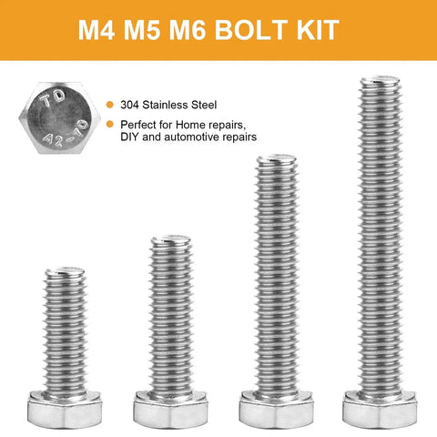 Durable 408-Piece 304 Stainless Steel Hex Metric Bolts Nuts And Washers Kit M5x16mm M5x20mm M5x30mm M5x40mm shown vertically