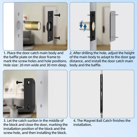Two Pack Magnetic Door Ball Catch Set For Closet Doors No More Stuck Doors Jiayi Black Magnetic Latch installation diagram