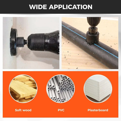 8 Piece Hole Saw Kit With Sizes 1 To 2 1/8 Inches For Soft Wood Plywood And PVC, Includes 2 Drill Bits, Mandrel And Hex Key, Smooth Cut For DIY Projects, Durable Carbon Steel Construction HORUSDY in action drilling soft wood, PVC, plasterboard.