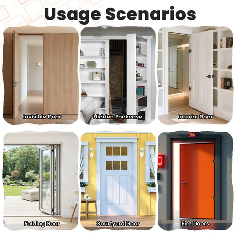 Invisible Hidden Door Hinge Set 6 Inch Concealed Hinges For Seamless Doors Bookshelves And Feature Walls shown in usage scenarios