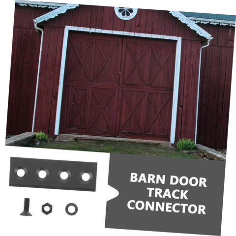 Image showing a red barn with a split barn door, alongside a Black Metal Barn Door Track Connector Set For Sliding Barn Door Hardware.