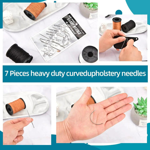 Extra Strong Upholstery Repair Sewing Thread Kit With Heavy Duty Hand Needles Including Seven Styles Leather Canvas Sewing Needles And Three Rolls Nylon Thread 70 Yards Each In Three Colors For Carpets Upholstery Coats Tents Mattresses Furs And Leather displayed with hands showing needles.