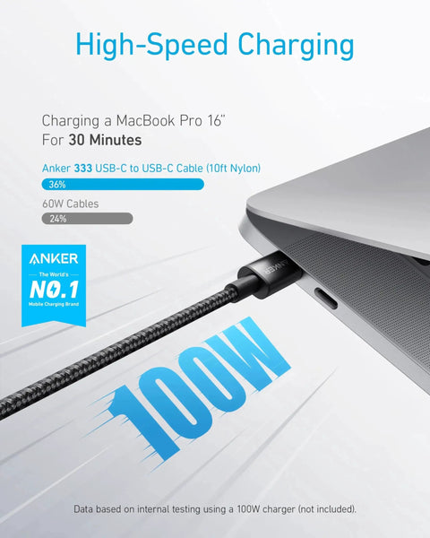 USB C to USB C Cable 10 Foot 100W Fast Charge Nylon Braided for iPhone MacBook connected to a MacBook Pro