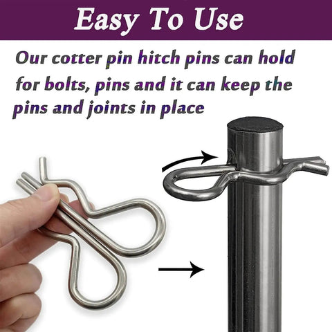Heavy Duty Hitch Pin Clip Set 15 Pcs For Trailers Tractors Mowers Carts And Trucks Stainless Steel Cotter Pins R Clips M3x60mm with strong spring tension showing clip installation