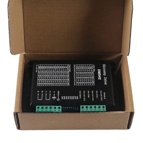 Two Pack DM542 CNC Digital Microstep Driver 2 Phase Stepper Motor Driver in cardboard packaging, showing terminal connectors