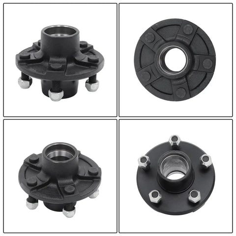 5 On 4.5 Inch Trailer Hub Kit With Square BT16 Spindle And Complete Bearing Set Including L44649 L44610 Bearings Grease Seal Dust Cap Lug Nuts Spindle Nut Washer And Cotter Pin For Easy Towing And Durable Trailer Axle Upgrade, shown in four different angles.