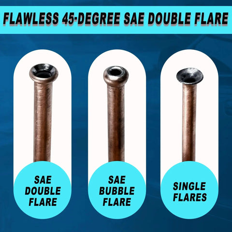 Copper tubes showing different flares created by Brake Line Flaring Tool Kit For 3/16 And 1/4 Tubes With SAE 45 Degree Flares