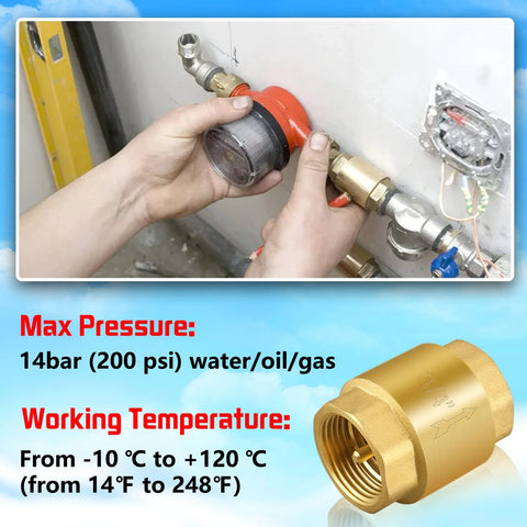 Two brass 3/4 NPT inline spring check valves being installed on a plumbing line; fittings and red valve body visible.