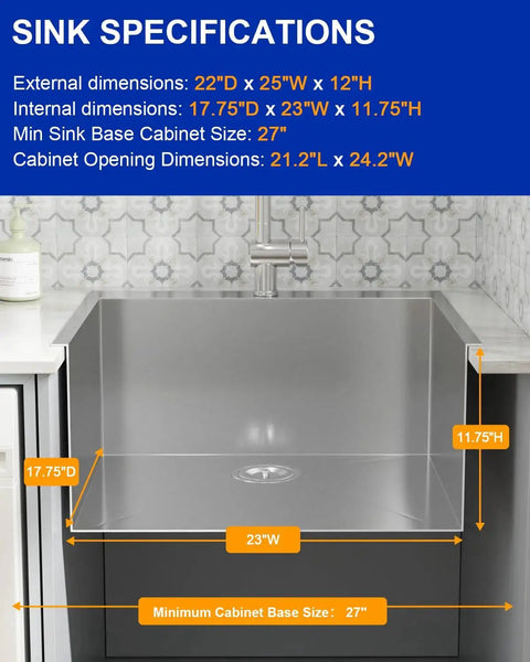 Drop In Laundry Room Sink With 12 Inch Depth, 16 Gauge 304 Stainless Steel, 25 By 22 Inch Single Bowl Utility Sink, Dcolora DC-L7701