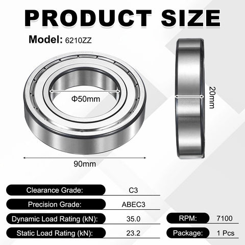6210ZZ deep groove ball bearing, 50x90x20 mm, front and side views, double metal shield, pre-lubricated
