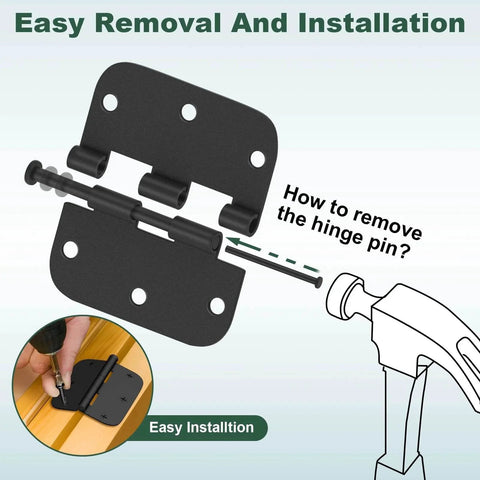 30 Pack Matte Black Door Hinges 3.5 by 3.5 Inch Five Eighth Inch Radius Interior Hinges shown with removable pins for easy installation