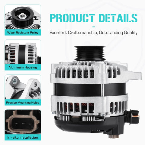 Beefy 220 Amp 12 Volt Alternator For Ford F150 5.0L V8 2011 2012 2013 2014 With CW Rotation Aluminum Housing And 12 Teeth Pinion OD 39.8mm