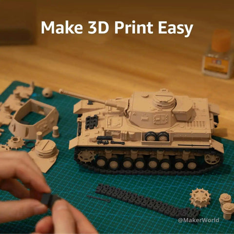 Hands assembling model tank parts with Blazing Fast A1 Mini 3D Printer accessories, highlighting multi-color precision printing.