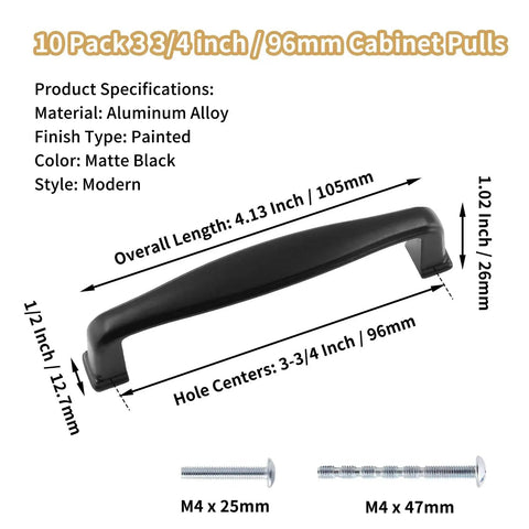 10 Pack 3 3/4 Inch 96mm Matte Black Cabinet Pulls with dimensions and screws, sleek modern design