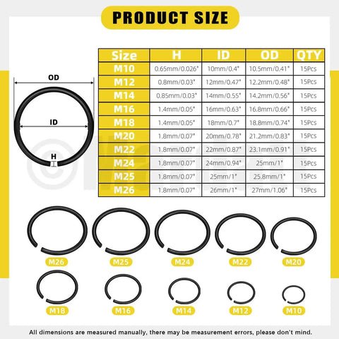 150 Piece Round Wire Snap Ring Assortment Kit With 10 Sizes From 10mm To 26mm Internal C Clips for Shafts size chart and rings