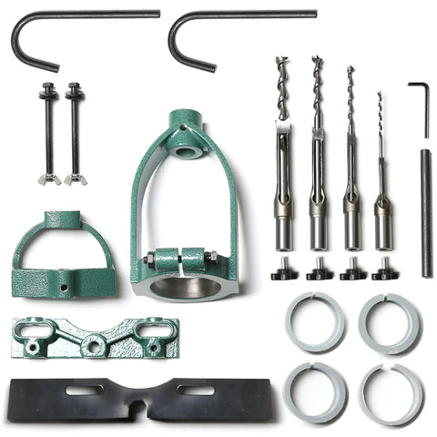 Mortising Attachment Kit For Drill Press And Woodworking Pros With Locator, Press Block, Side Positioning Rod, Fixed Seat, And Four Chisel Sizes