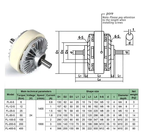 Magnetic Particle Clutch And Powder Brake Kit For Textile Machines, DC 24V Winding, technical diagram and specifications table