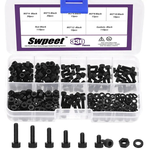 330Pcs M3 Nylon Hex Socket Screws Nuts With Washers Kit Six Sizes Black Plastic Hex Head Cap Screws in organizer box
