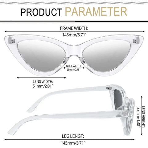 Diagram of Silver Cat Eye Sunglasses With Polarized UV Protection, Transparent Frame And Mirror Lenses, Y2K Cateye Sunnies For Women