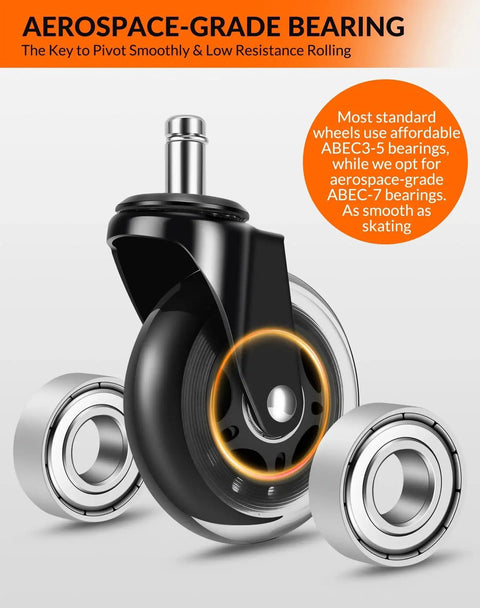 3 Inch Caster Wheel Set Of 5 For Office Chairs, Replacement Wheels With Aerospace Grade ABEC7 Bearings, close-up view