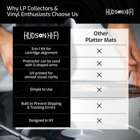 Comparison chart highlighting features of Hudson Hifi turntable platter mat versus others, showing advantages for vinyl enthusiasts.