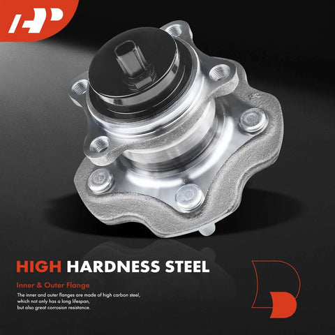 High hardness steel rear wheel bearing and hub assembly with ABS for Toyota Lexus and Scion vehicles 2006 to 2021, five lug pattern.