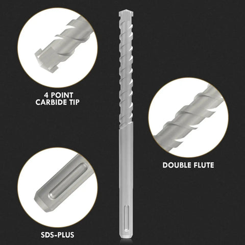 12 Piece SDS Plus Rotary Hammer Drill Bits Set One Eighth Inch By Six Inch Masonry Bits For Concrete Stone Brick And Block With YG8 Carbide Blade Durable Construction Drill Bit Kit showing close-ups of features like 4-point carbide tip and double flute.