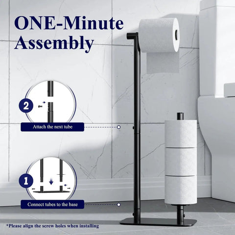Free Standing Toilet Paper Holder With Four Roll Capacity, Rustproof Metal Stand, Non-Slip Stable Base, Black Finish assembly guide