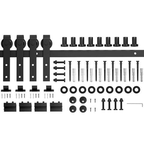 12 Foot Sliding Barn Door Hardware Kit Fits Double Doors Up To 36 Inch Wide Heavy Duty Carbon Steel Track components displayed.