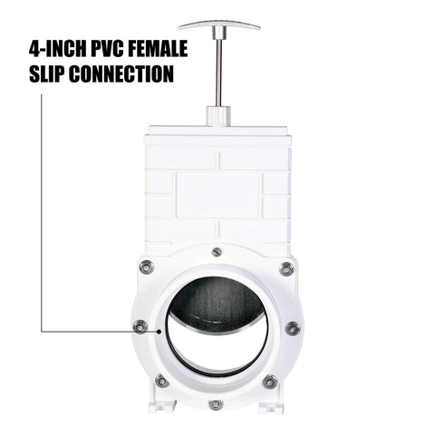 Valterra 4-inch white PVC gate valve with slip/hub fittings and T-handle, front view