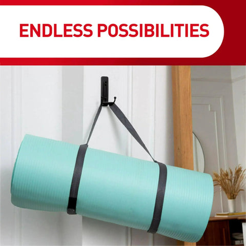Yoga mat hanging on a wall hook using Indoor Medium Replacement Strips 36 Count For Damage Free Wall Hanging And Rehanging Hooks