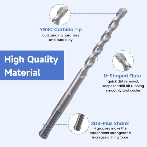Close-up view of a YG8C carbide drill bit with U-shaped flute and SDS-Plus shank from 17 Piece Cemented Carbide Drill Bit And Chisel Set.