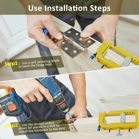 Pro Grade Door Hinge Mortise Jig Kit With Self Centering Drill Bits No Hammer Needed in use on door edge setup