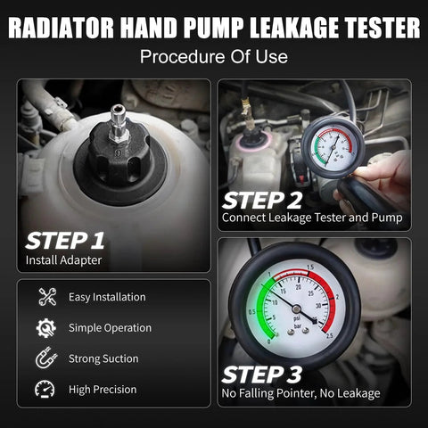 Step-by-step guide using All In One Radiator Coolant Pressure Tester and Vacuum Refill Tool Kit with gauge and adapter installed.