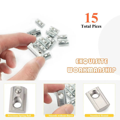 Fifteen Pack One Quarter Inch Twenty Spring Loaded T Nuts With Ball Bearings Boxed Set shown with packaging