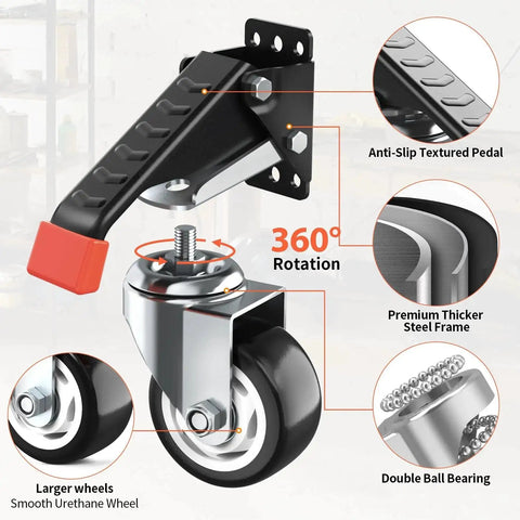 4 Pack 3 Inch Heavy Duty Retractable Workbench Casters Kit with upgraded thick steel, double bearings, and orange cushion.