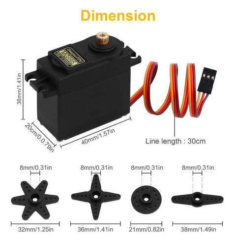Dimensions of 6-Pack High Speed Digital Metal Gear RC Servo, 55g Weight, 180-Degree Sweep, Waterproof, with connectors and arms