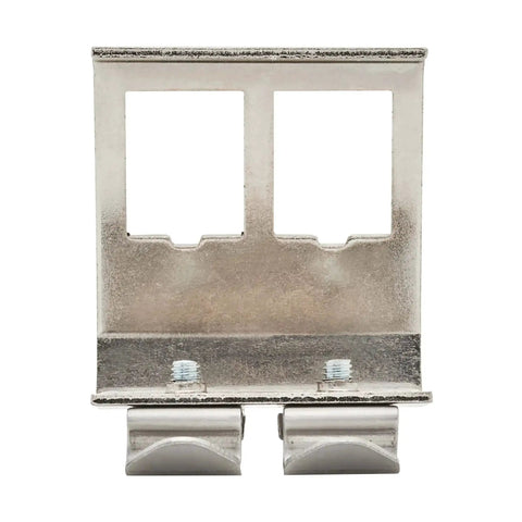Front view of a 2 Port Metal DIN Rail Mounting Module For Snap In Keystone Jacks attaches to standard 35 mm DIN rail, metal construction.
