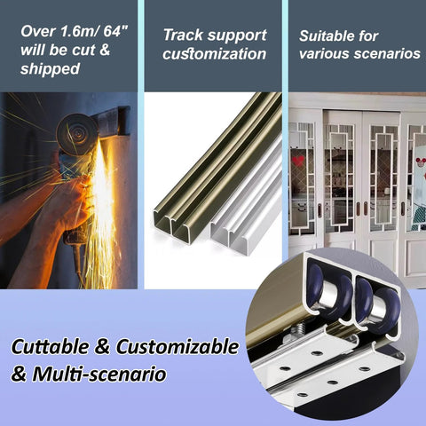 Double Closet Door Track Hardware Kit For Quiet Sliding Adjustable 20 To 158 Inch Aluminum Barn Door System In Champagne Finish, showcasing cuttable aluminum tracks and silent rollers, various usage scenarios.