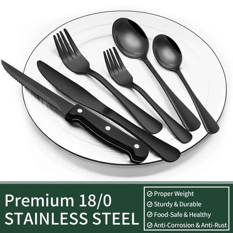 Black Flatware Set For 4 With Steak Knives 24 Piece Stainless Steel Cutlery on a white plate with product features listed