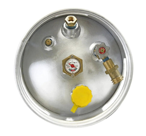 Top view of Aluminum 33.5 Lb Forklift Propane Tank With Integrated Gauge Durable Lightweight showing connectors and gauge