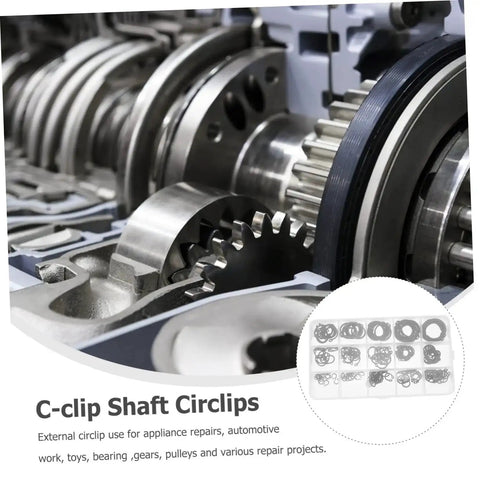 Close-up of 175 Piece Steel C Type External Circlip Snap Ring Assortment Kit in use on machinery parts for automotive repair.