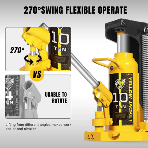 Yellow toe jack hydraulic lifting jack for automotive repair; 5-ton toe capacity, 10-ton top capacity.
