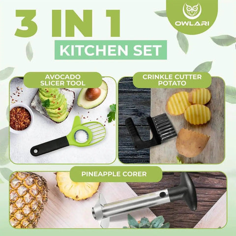 All In One Fruit Prep Tool Set Stainless Steel 3 In 1 Apple Slicer Pineapple Corer And Slicer Avocado Cutter No Fuss Kitchen Gadget For Easy Fruit Cutting Peeling And Saving Time showing avocado slicer, crinkle cutter potato, and pineapple corer on light surface