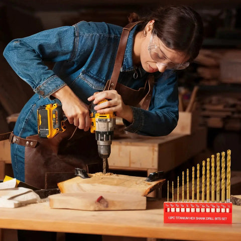 Woman using 13 Piece HSS Drill Bit Set With Titanium Coating For Metal Wood Plastic in wood DIY project, drill in action