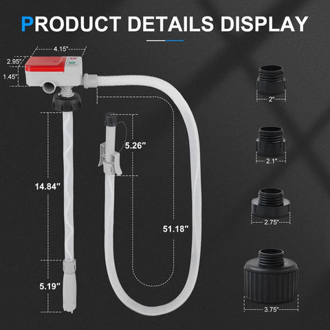 Battery Powered Fuel Transfer Pump With Auto Stop Sensor 3.2 GPM 51 Inch Hose Four Tank Adapters Portable Gas Can Pump