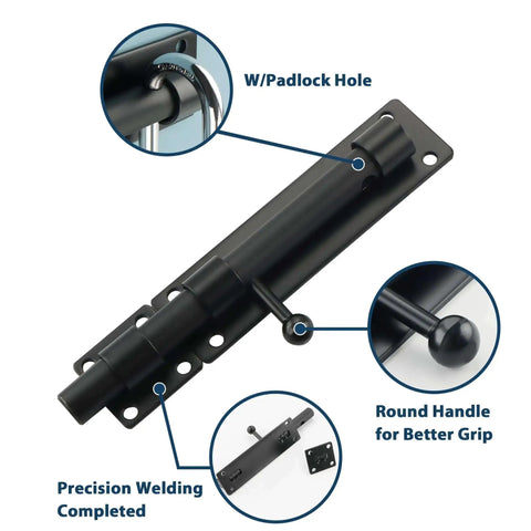6 Inch Heavy Duty Slide Bolt Latch Built To Last In SUS304 Stainless Steel Barrel Bolt Lock For Barn Doors Wooden Fence Outdoor Fence Shed Door Security Matte Black MS8000B with padlock hole and round handle for better grip.