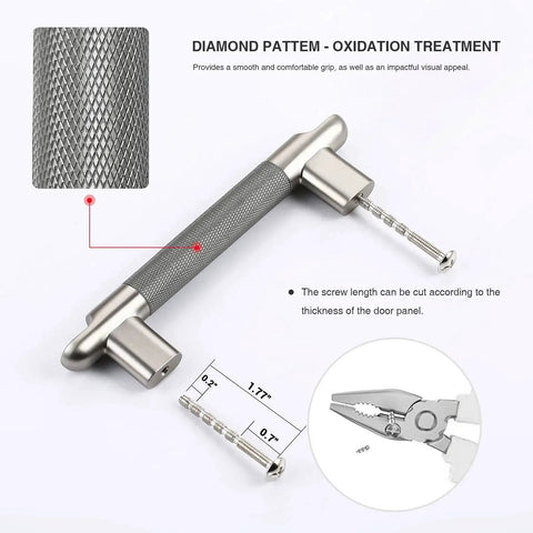 Knurled Cabinet Pulls Three And Three Quarters Inch Center To Center Five Pack In Grey And Brushed Nickel, close-up with screw detail