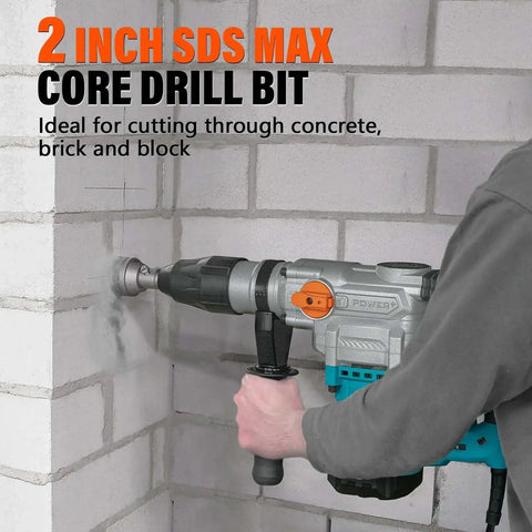 Heavy Duty 2 Inch By 9 Inch SDS Max Core Drill Bit For Concrete by Berserker, compatible with BSK42M and BSK50F, shown drilling brick