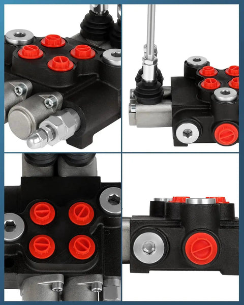 Close-up of Beefy Three Spool Hydraulic Flow Control Valve For Tractor Loaders And Log Splitters, 11 GPM At 3600 PSI, G Port Inlet And Outlet.